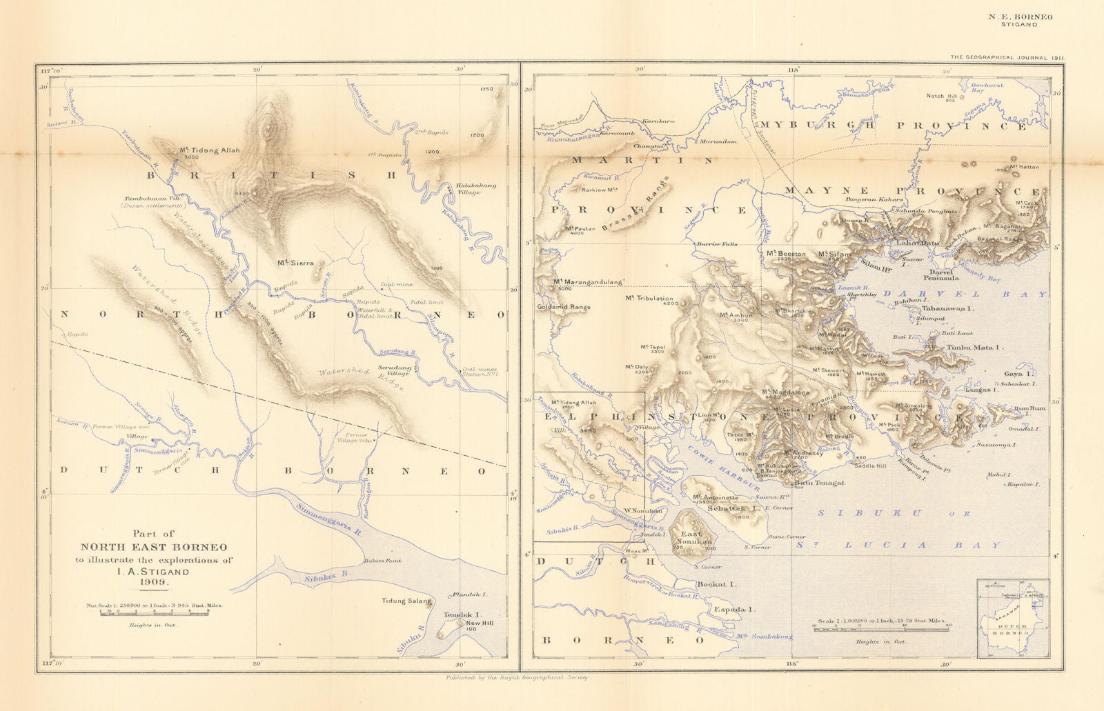 North east Borneo… explorations of Isaac Stigand 1909. Malaysia. RGS 1911 map